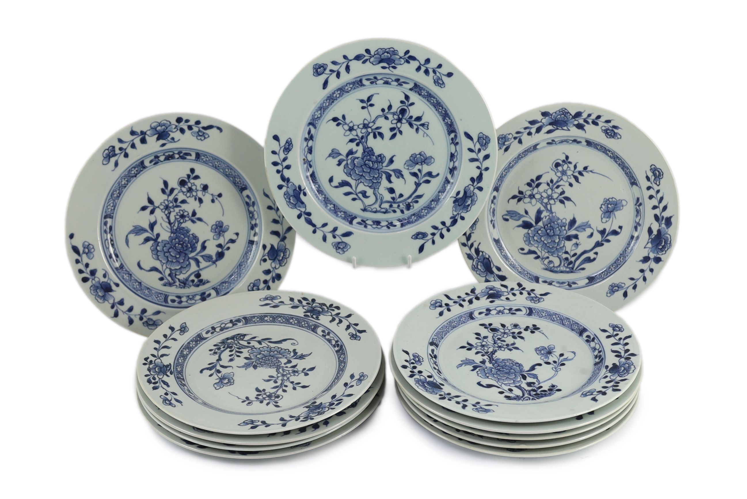 Twelve Chinese blue and white ‘Peony and Pomegranate’ plates, Nanking Cargo, c.1750